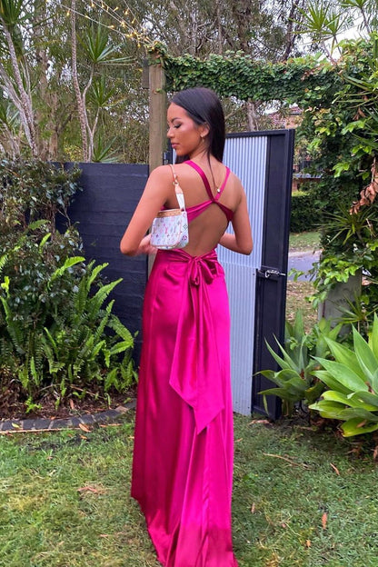 V Neck Yellow Satin Bow Back Party Dress