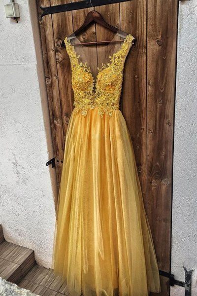 Yellow Tulle Lace Simple Floor Length Prom Dress, Bridesmaid Dress