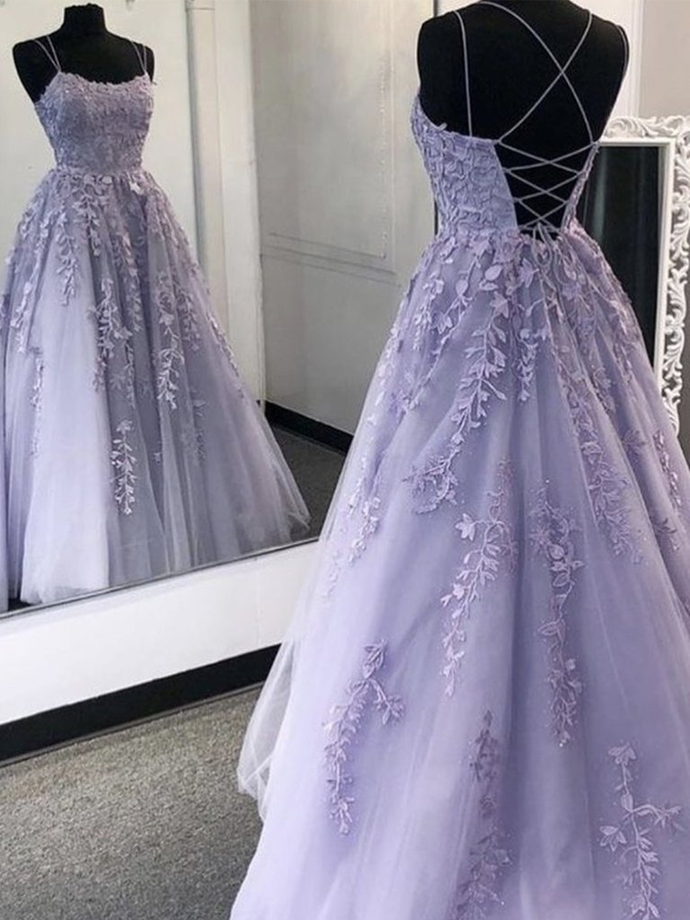 Purple tulle lace long formals