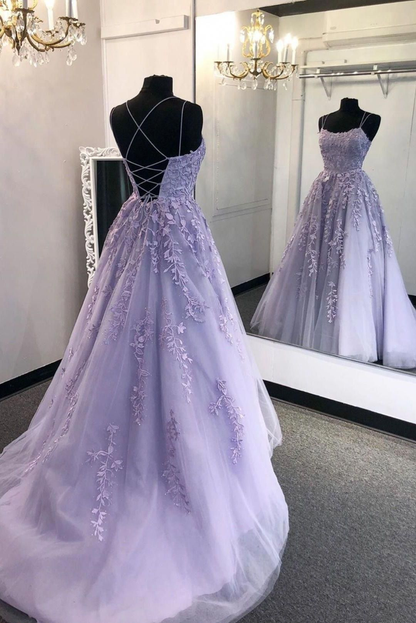 Purple tulle lace long formals