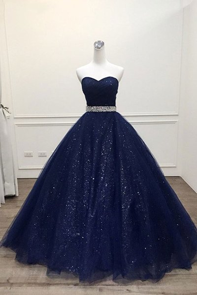 Stunning Navy Blue Tulle Strapless Long Sequins Prom Dress, Evening Dress