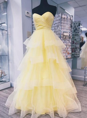 Yellow Tulle Strapless Long Layered Sweet 16 Prom Dress, Evening Dress