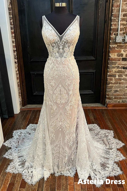 Glamorous Beige Lace V-Neck Backless Mermaid Long Wedding Dress