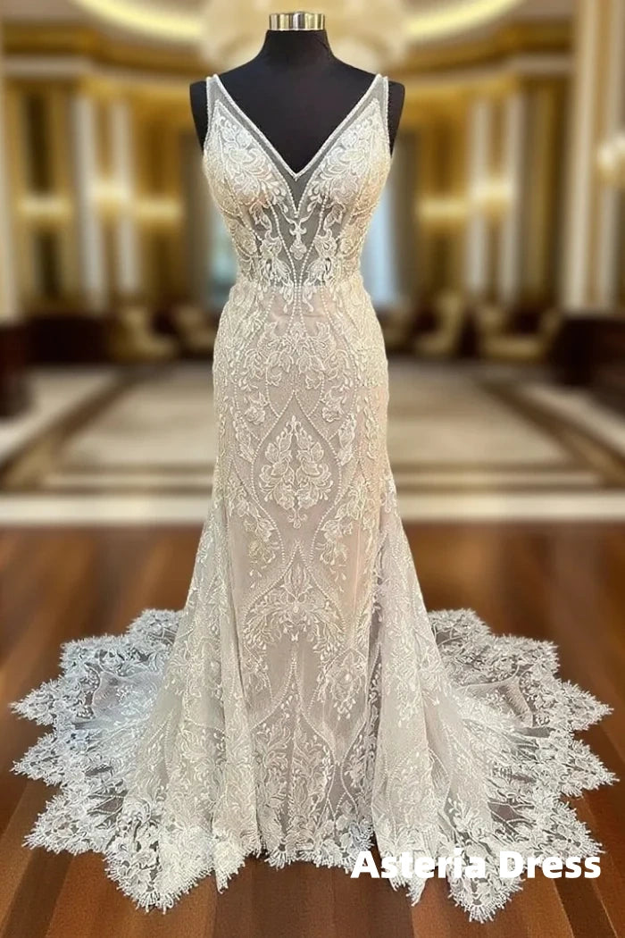 Glamorous Beige Lace V-Neck Backless Mermaid Long Wedding Dress