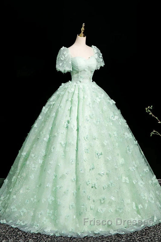 Green A-Line Tulle Beaded Sequin Long Formal Prom Dress, Beautiful 3D Butterfly Evening Dress