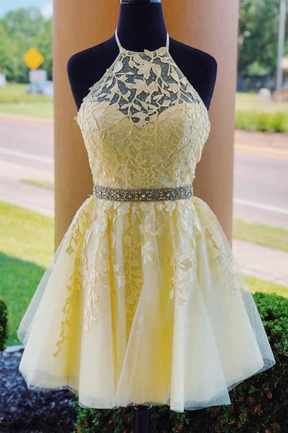 Halter Appliqued Yellow Homecoming Dress Short Prom Dress with Beading Belt, AST1186