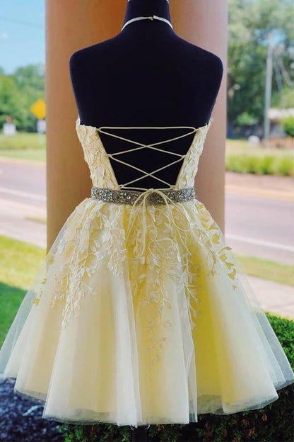 Halter Appliqued Yellow Homecoming Dress Short Prom Dress with Beading Belt, AST1186