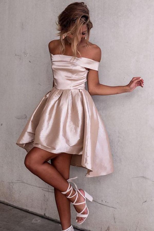 High Low Off-the-Shoulder Pleated Satin Homecoming Dress,AST1272