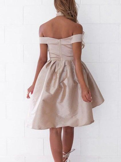 High Low Off-the-Shoulder Pleated Satin Homecoming Dress,AST1272