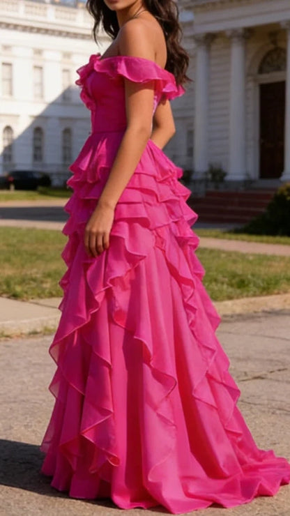 Hot Pink Ruffled A-Line Square Neck Long Prom Dress