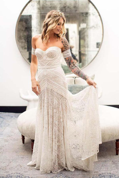 Ivory Lace Beach Wedding Dresses Sweetheart Neck Wedding Dresses,AST1215