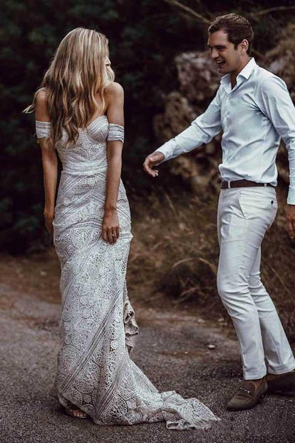 Ivory Lace Beach Wedding Dresses Sweetheart Neck Wedding Dresses,AST1215