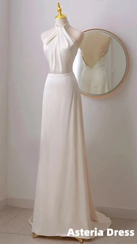 Ivory Satin Halter Backless Wedding Dress