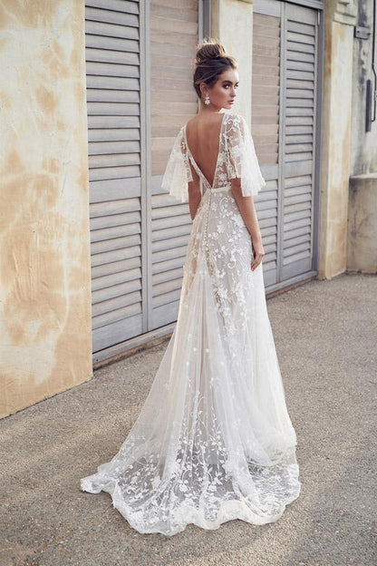 Ivory V Neck Beach Wedding Dresses with Lace Appliques,AST1212