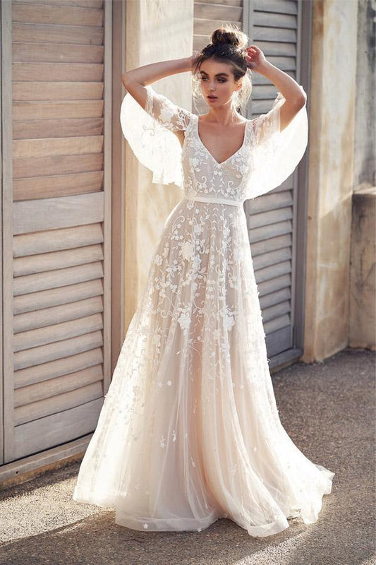 Ivory V Neck Beach Wedding Dresses with Lace Appliques,AST1212