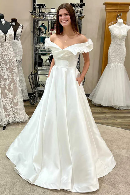 White Off-the-Shoulder Ruffled A-Line Long Wedding Dress,AST1220