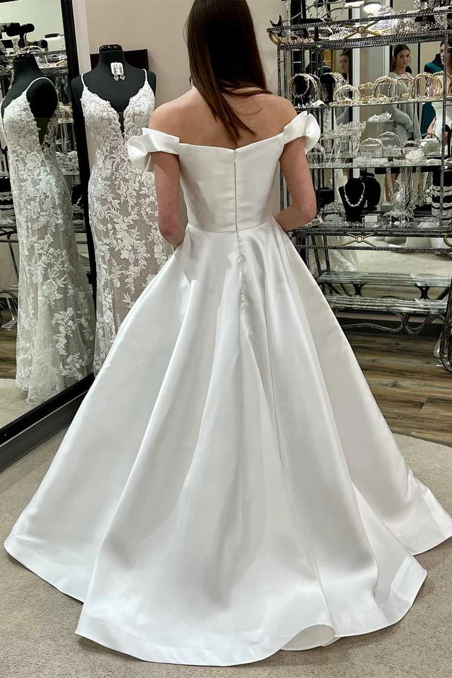 White Off-the-Shoulder Ruffled A-Line Long Wedding Dress,AST1220