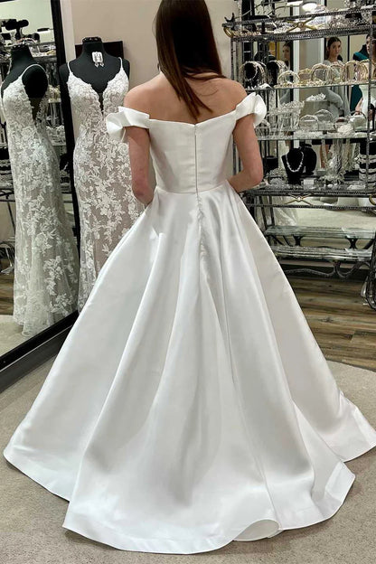 White Off-the-Shoulder Ruffled A-Line Long Wedding Dress,AST1220