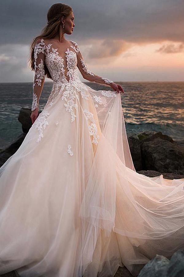 Ivory Tulle Beach Wedding Dress with Illusion Lace Long Sleeves,AST1206