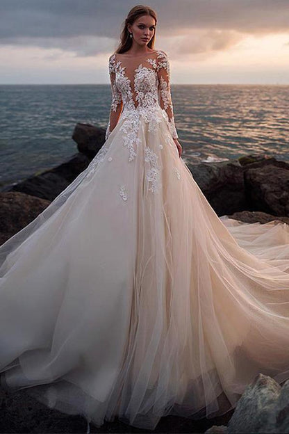 Ivory Tulle Beach Wedding Dress with Illusion Lace Long Sleeves,AST1206