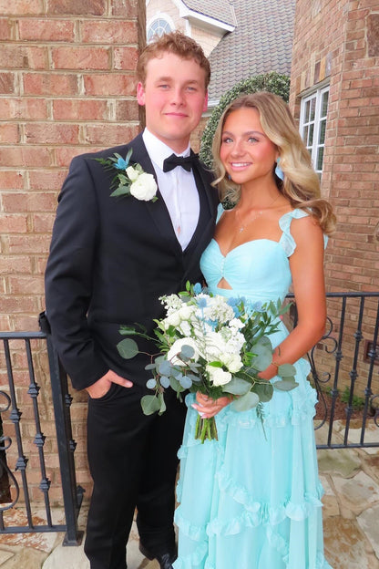 Straps Light Blue Chiffon Ruffles Long Dress