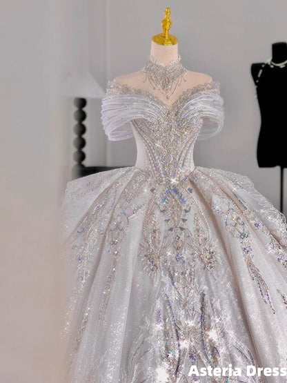 Luxury Ball Gown Off The Shoulder Short Sleeves Sequin White Wedding Dresses Brides Dress