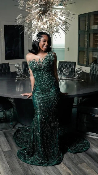 Luxury One Shoulder Satin Beaded Evening Dress Emerald Green Mermaid Prom Dress,AST2290