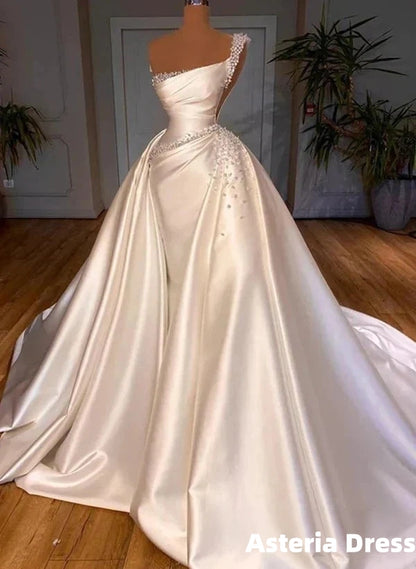 Luxury Satin Wedding Dress Beaded One Shoulder Bridal Dress With Panel Train
