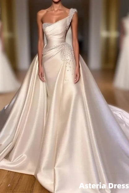 Luxury Satin Wedding Dress Beaded One Shoulder Bridal Dress With Panel Train