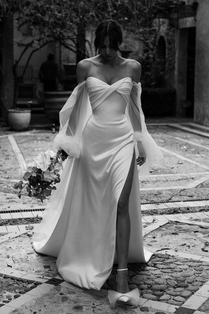 Glamorous Off-Shoulder Pleats V-Neck High Split Wedding Dress,AST1210