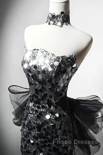 Modest Silver Mermaid Strapless Sequin Tulle Long Formal Prom Dress Formal Evening Dress
