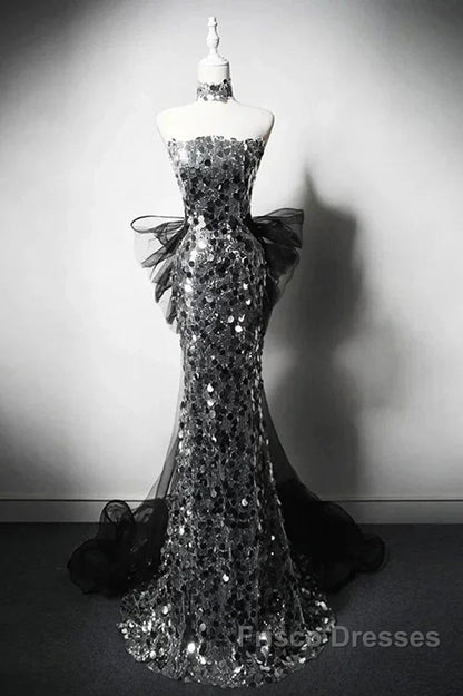 Modest Silver Mermaid Strapless Sequin Tulle Long Formal Prom Dress Formal Evening Dress