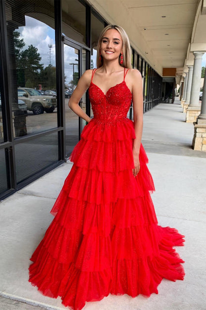 Straps Blue Appliques Tiered Ruffle Long Formal Dress