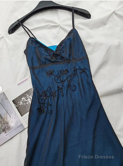 Navy Blue Mermaid Spaghetti Strap Tulle Beading Long Prom Dress V-Neck Graduation Prom Adult Ceremony Dress