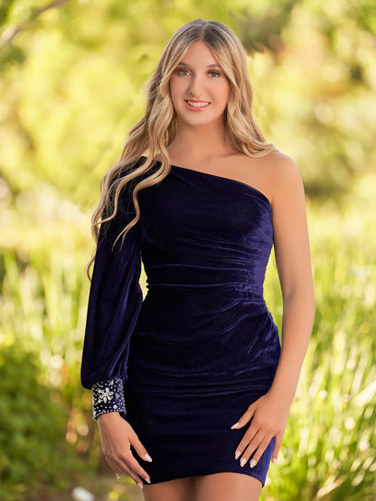 Navy Blue Sheath One-Shoulder Long Sleeve Homecoming Dress, AST1109