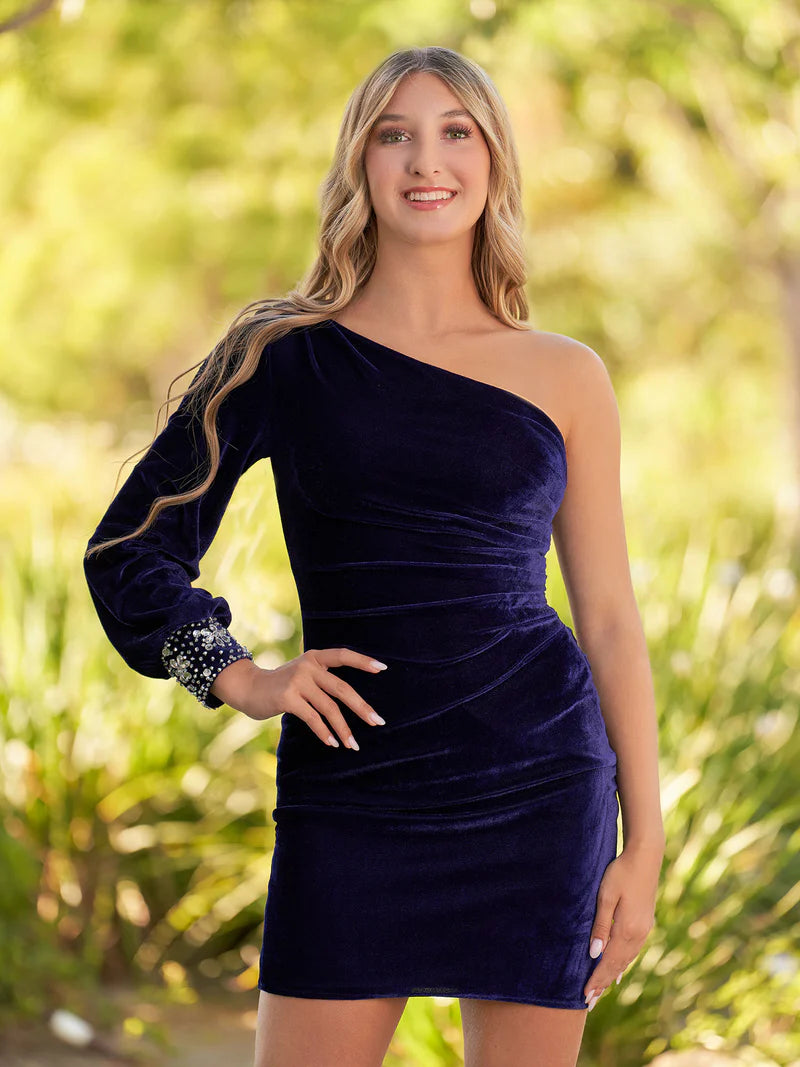 Navy Blue Sheath One-Shoulder Long Sleeve Homecoming Dress, AST1109