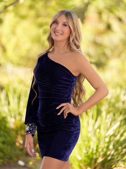 Navy Blue Sheath One-Shoulder Long Sleeve Homecoming Dress, AST1109