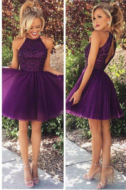 Open Back Halter Purple Beaded Homecoming Cocktail Dresses , AST1120