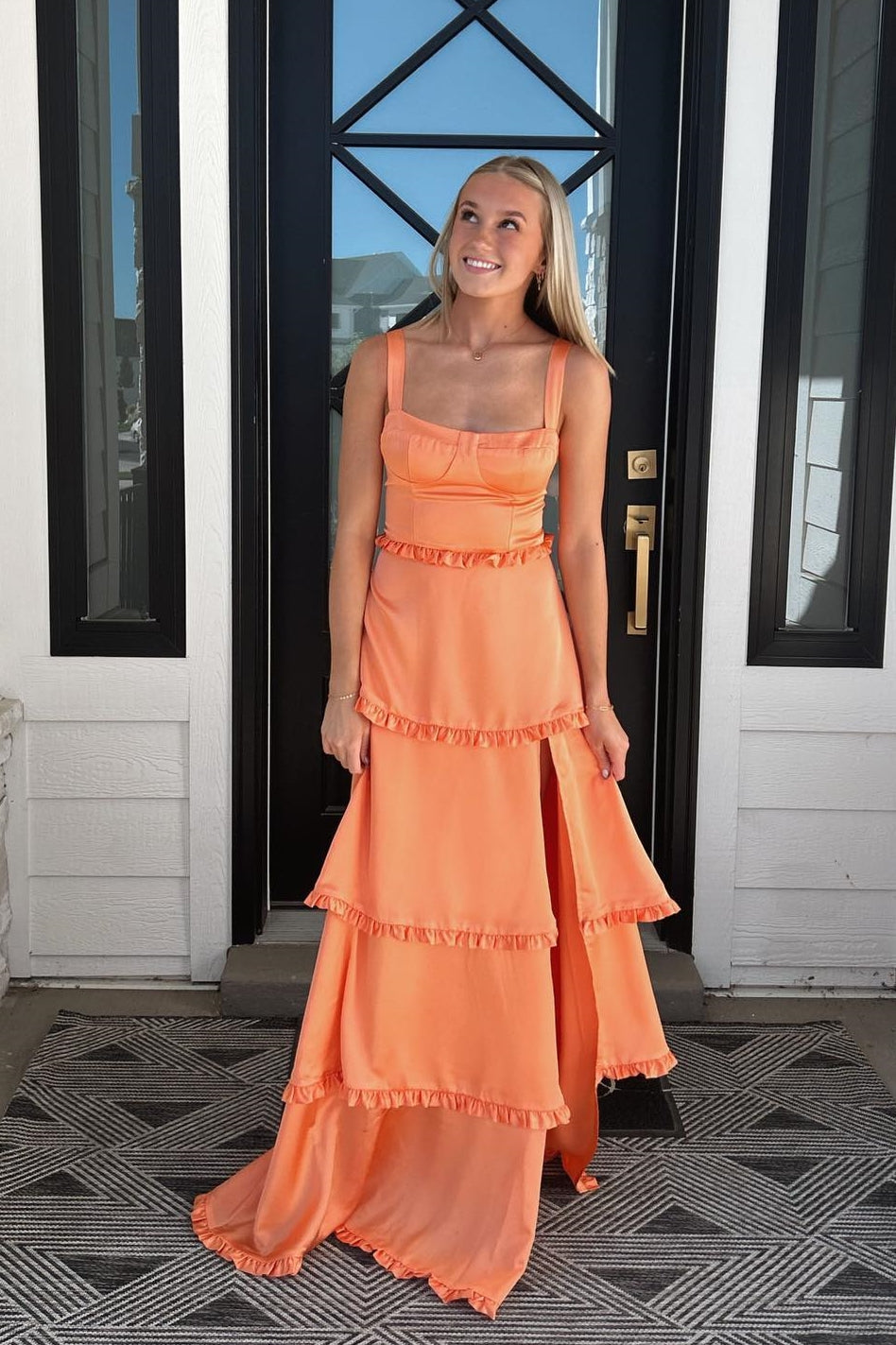 Cantaloupe Orange Corset Tiered Long Party Dresss