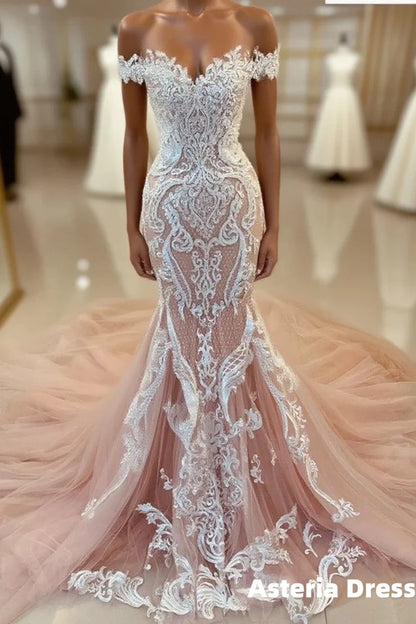 Pink Lace Applique Cap Or Long Sleeves Fishtail/Mermaid Wedding Dress With Train, Formal Prom Gown