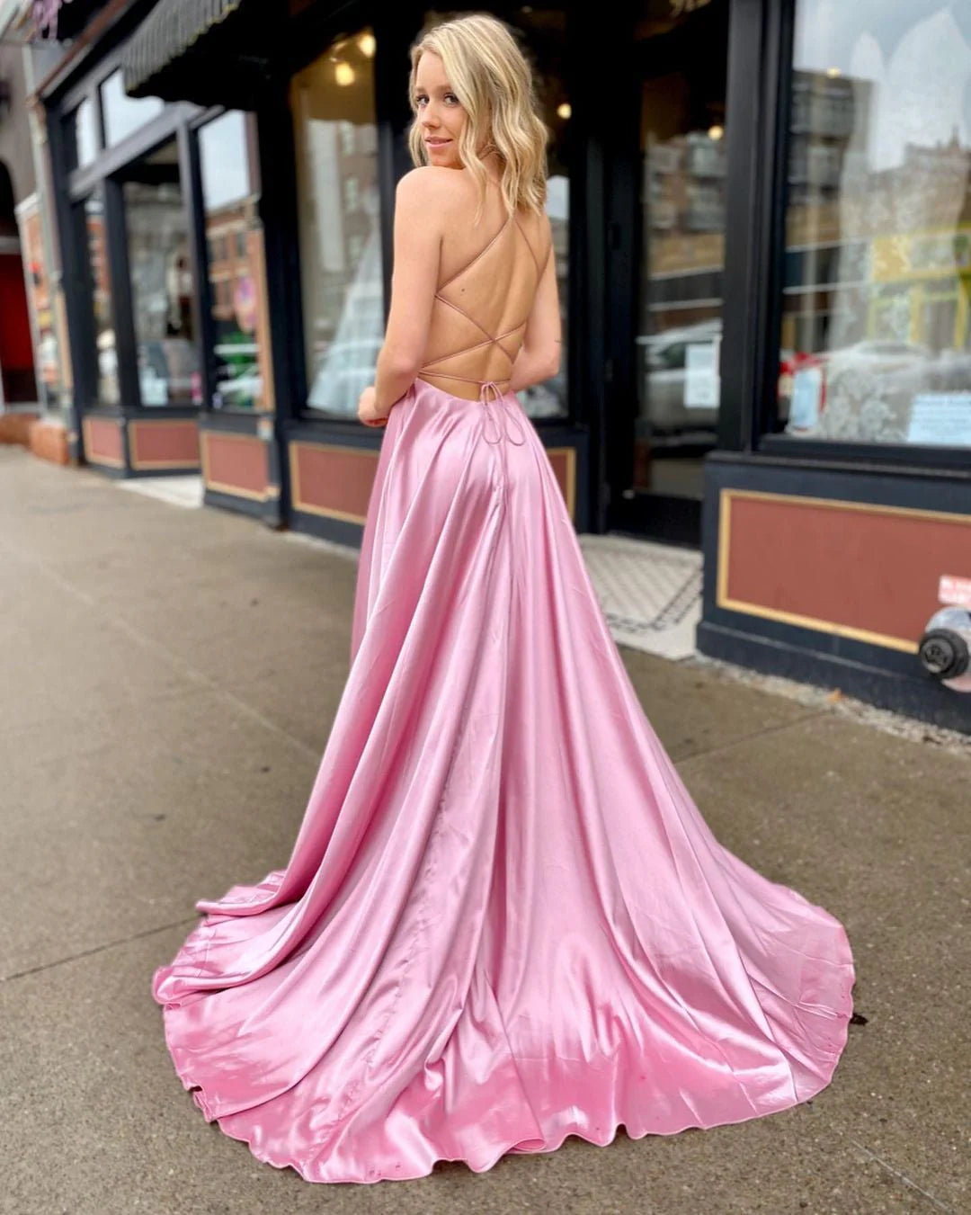 Pink Satin Prom Dresses with Slit Spaghetti Strap Formal Dress,AST956