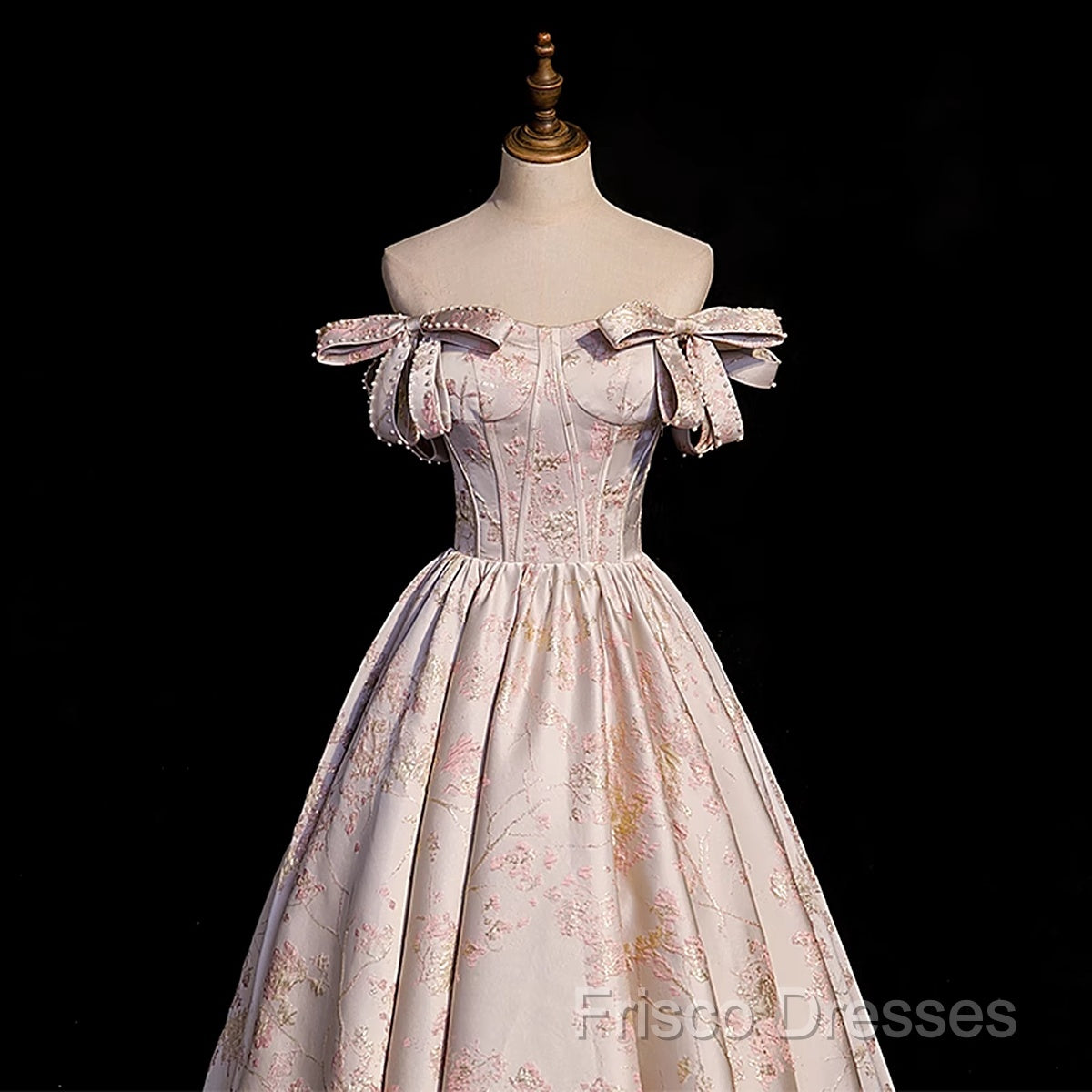 Pink Statin Off Shoulder Floral Long Party Dress, Pink Sweetheart Formal Prom Dress Formal Dress
