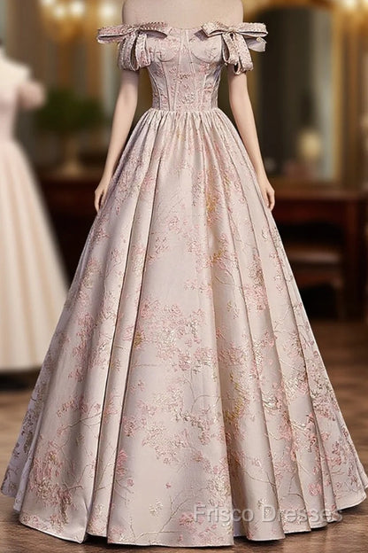 Pink Statin Off Shoulder Floral Long Party Dress, Pink Sweetheart Formal Prom Dress Formal Dress