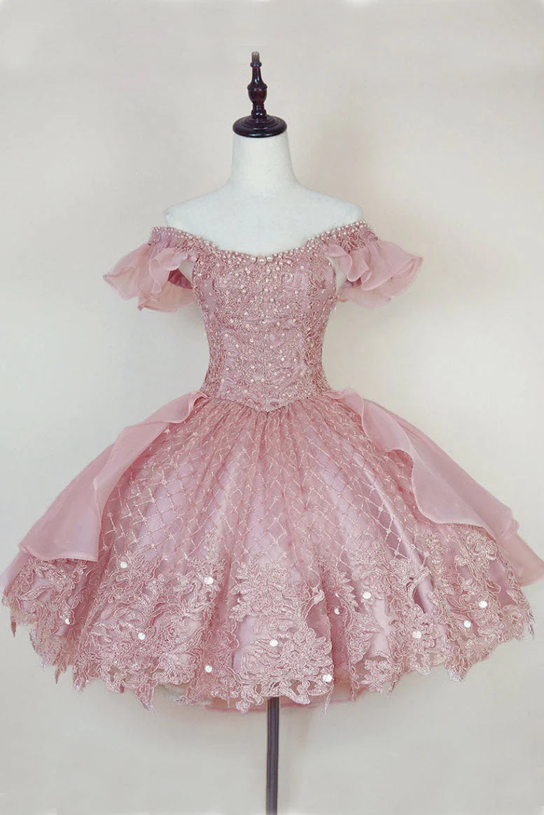 Pink Lace Homecoming Gown with Beading,Princess Off the Shoulder Hoco Dress,AST1203