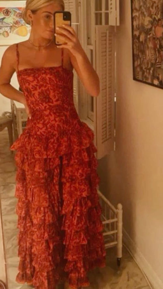 Popular Spaghetti Straps Floor Length Prom Dress New Fashion Tiered Evening Dress