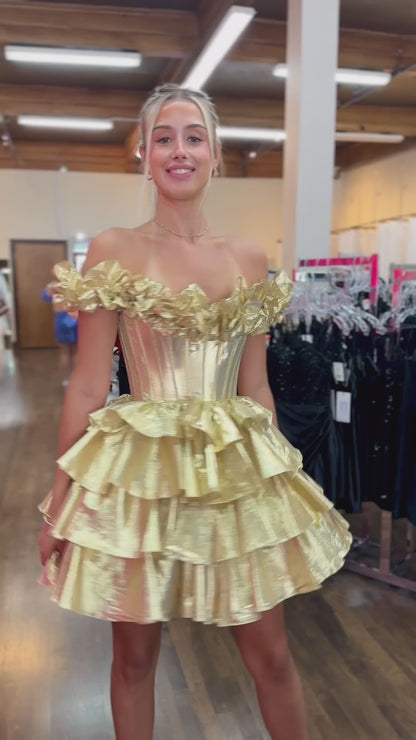 Off The Shoulder Gold Satin Tiered Homecoming Dresses, AST1415