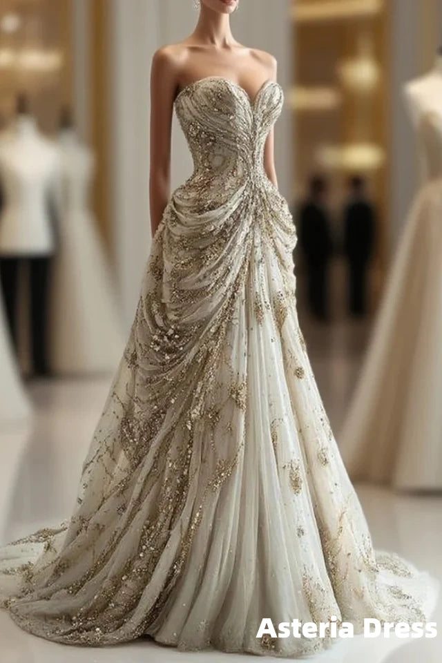 Princess Ball Gown Sweetheart Neckline Pleats White Sequin Wedding Dress
