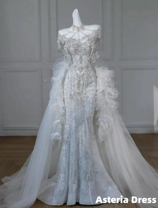 Princess Mermaid Strapless Neckline Sequin White Tulle Wedding Dresses