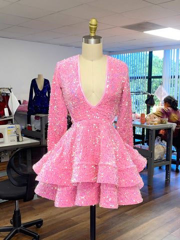 Pink Cocktail Dresses A-Line V-Neck Long Sleeve Shiny Sequin Homecoming Dresses , AST1171