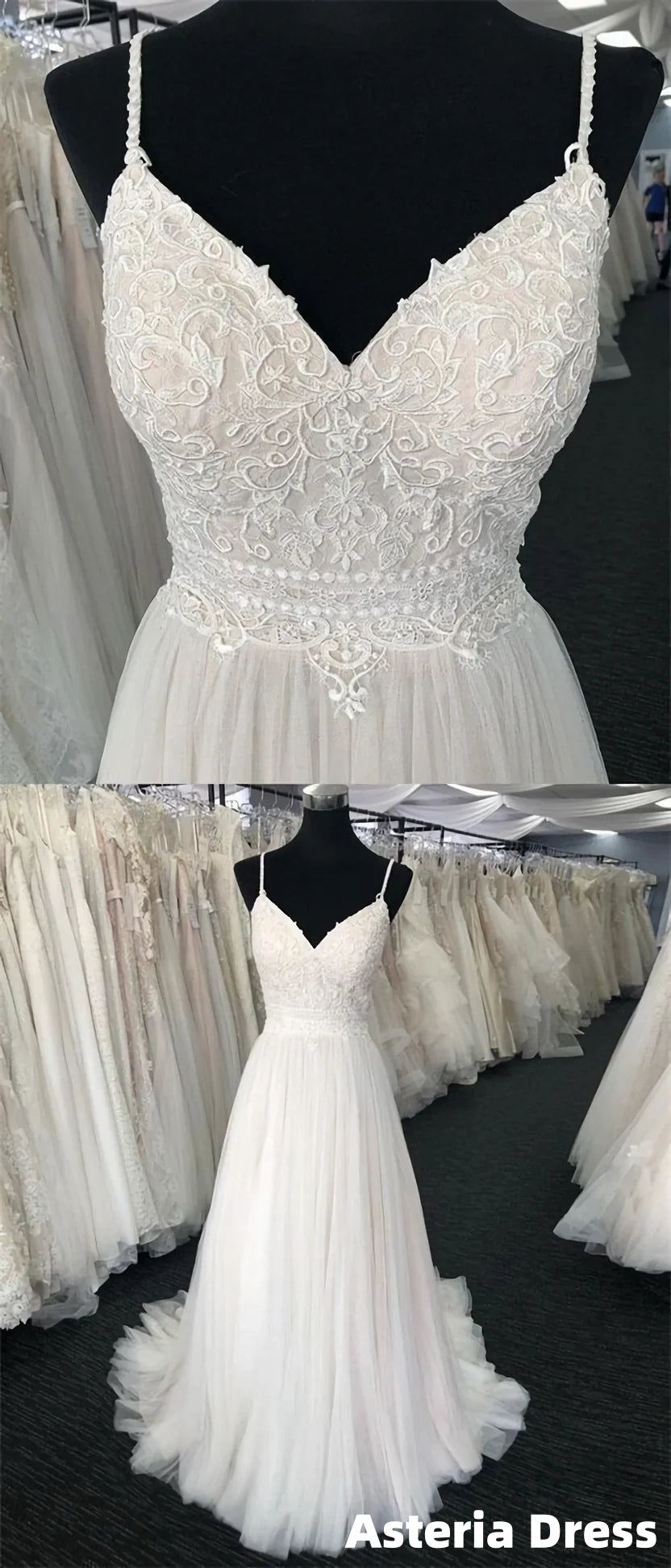 White Lace V-Neck Tulle Wedding Dress